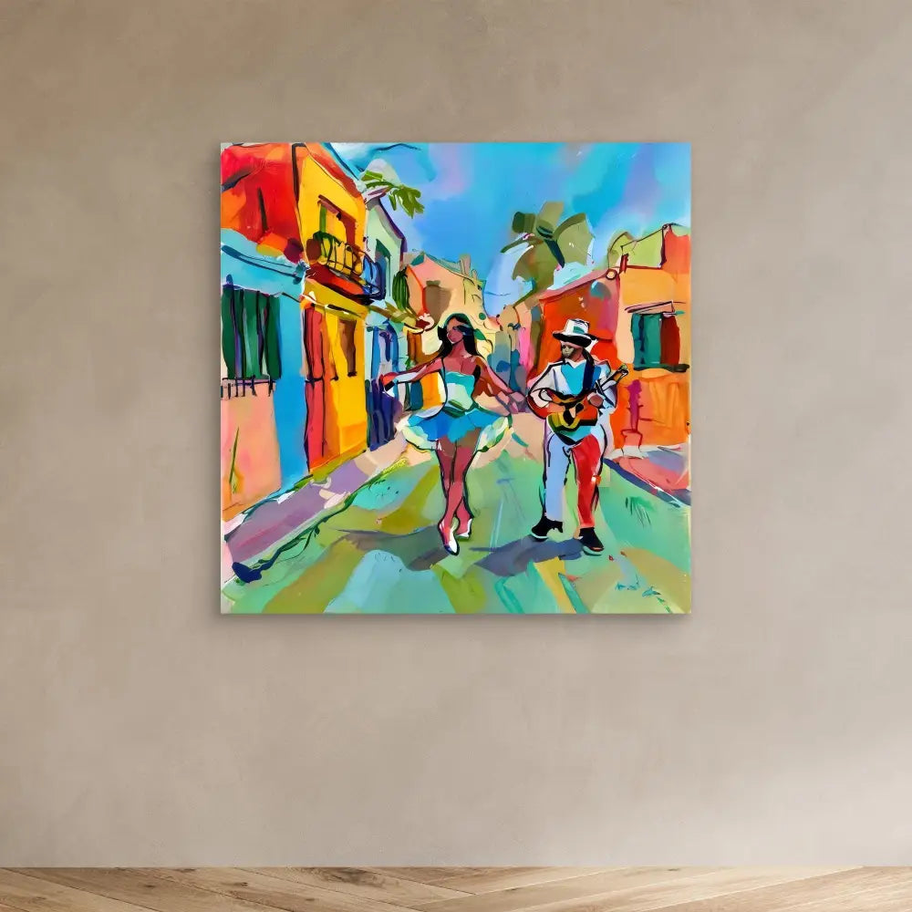 Colorful painting of dancers and a musician on a vibrant Caribbean street.