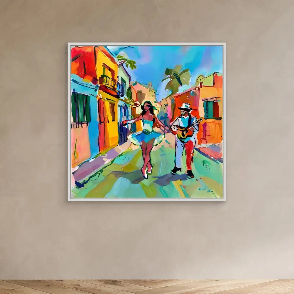 Colorful painting of dancers and a musician on a vibrant Caribbean street.