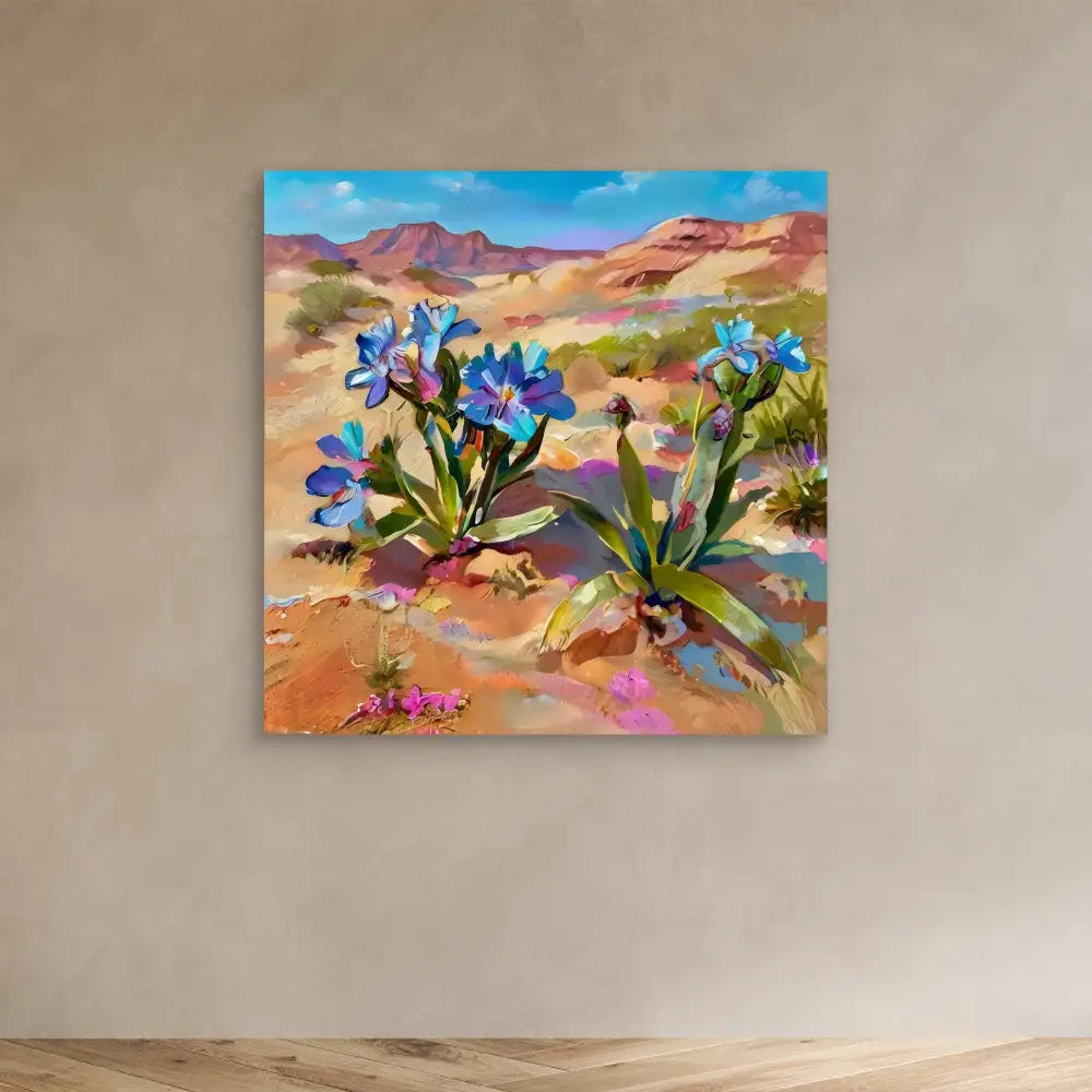 Colorful painting of desert wildflowers with bright blue blooms against orange sand and mountains.