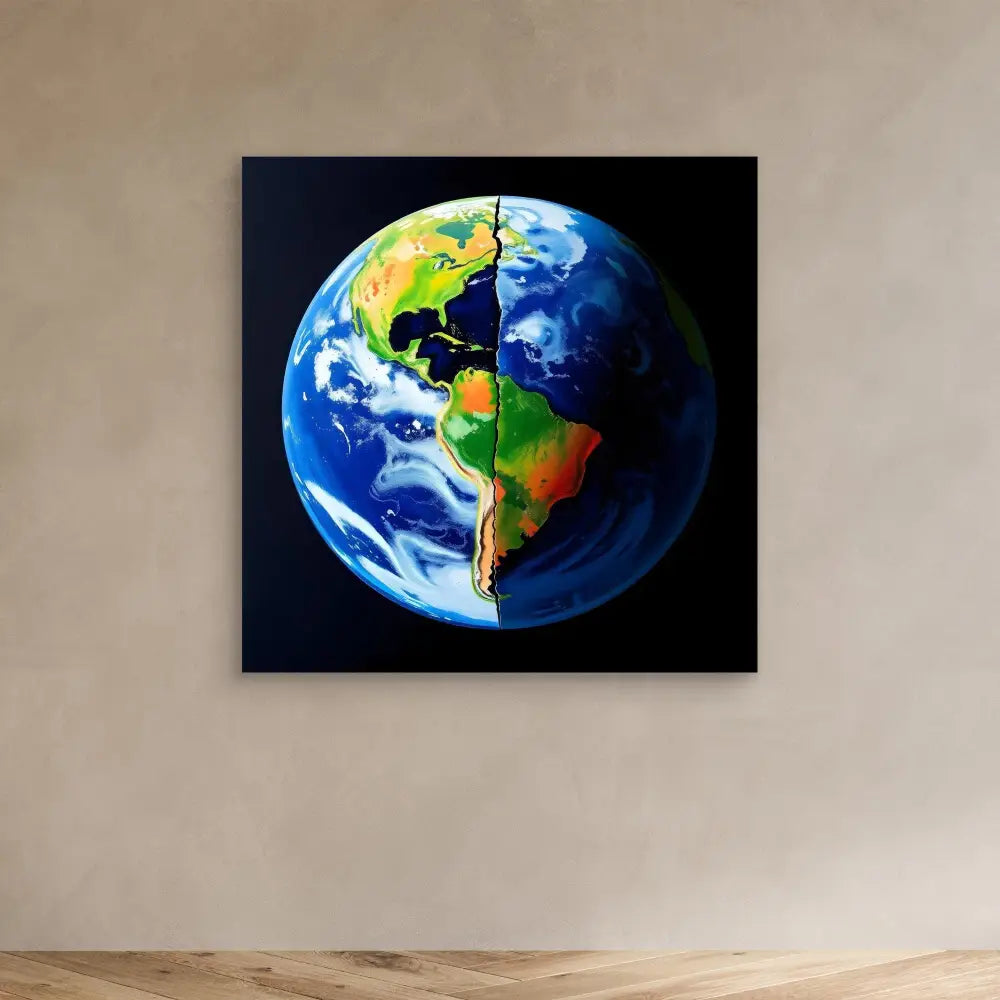 Colorful painting or digital artwork of Earth showing the Americas against a black background.