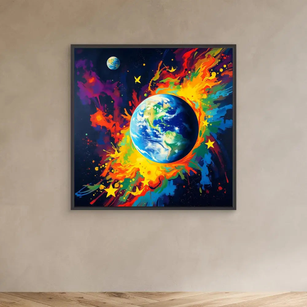 Colorful painting of Earth surrounded by vibrant splashes of fiery cosmic energy.