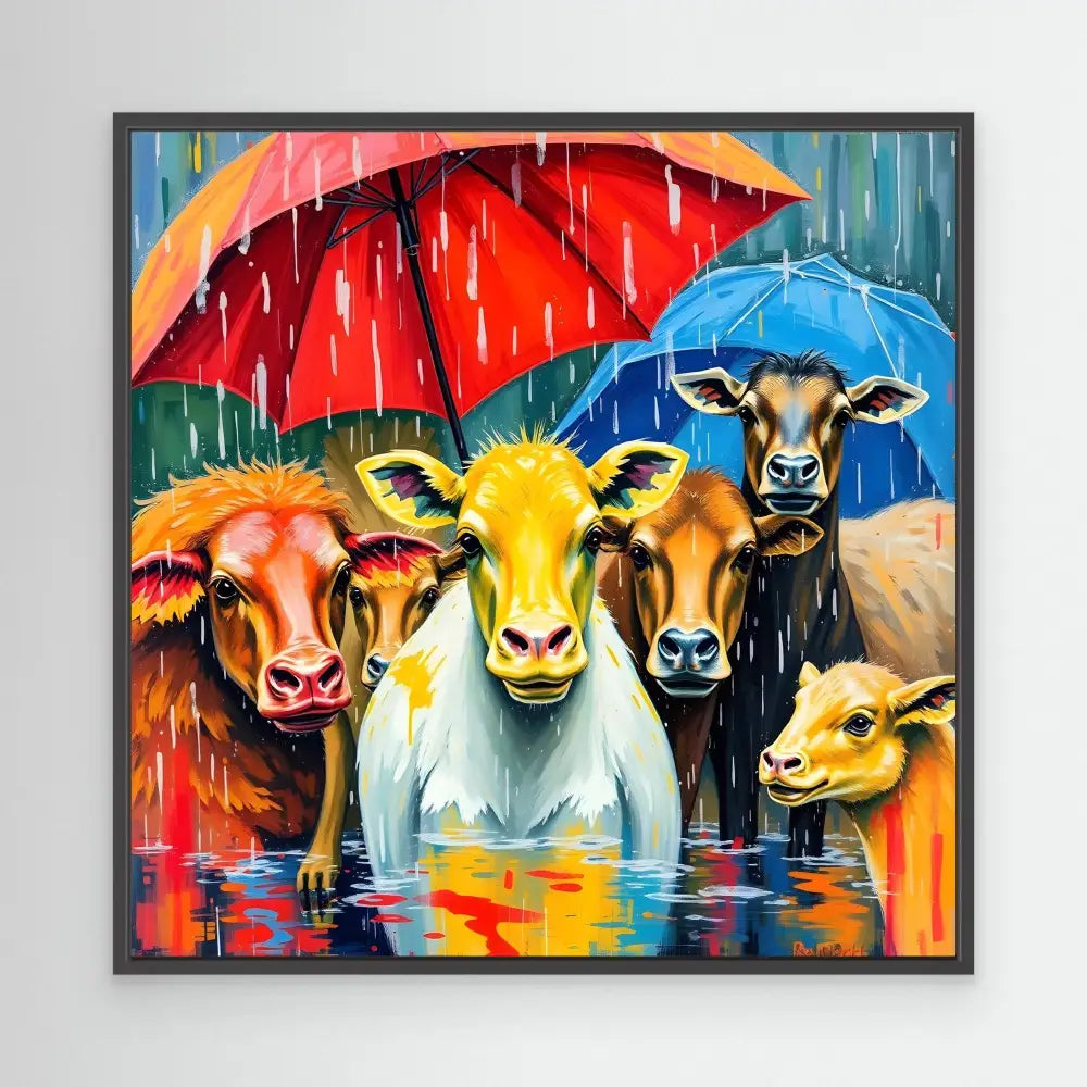 Colorful painting of five cows huddled under umbrellas in the rain.