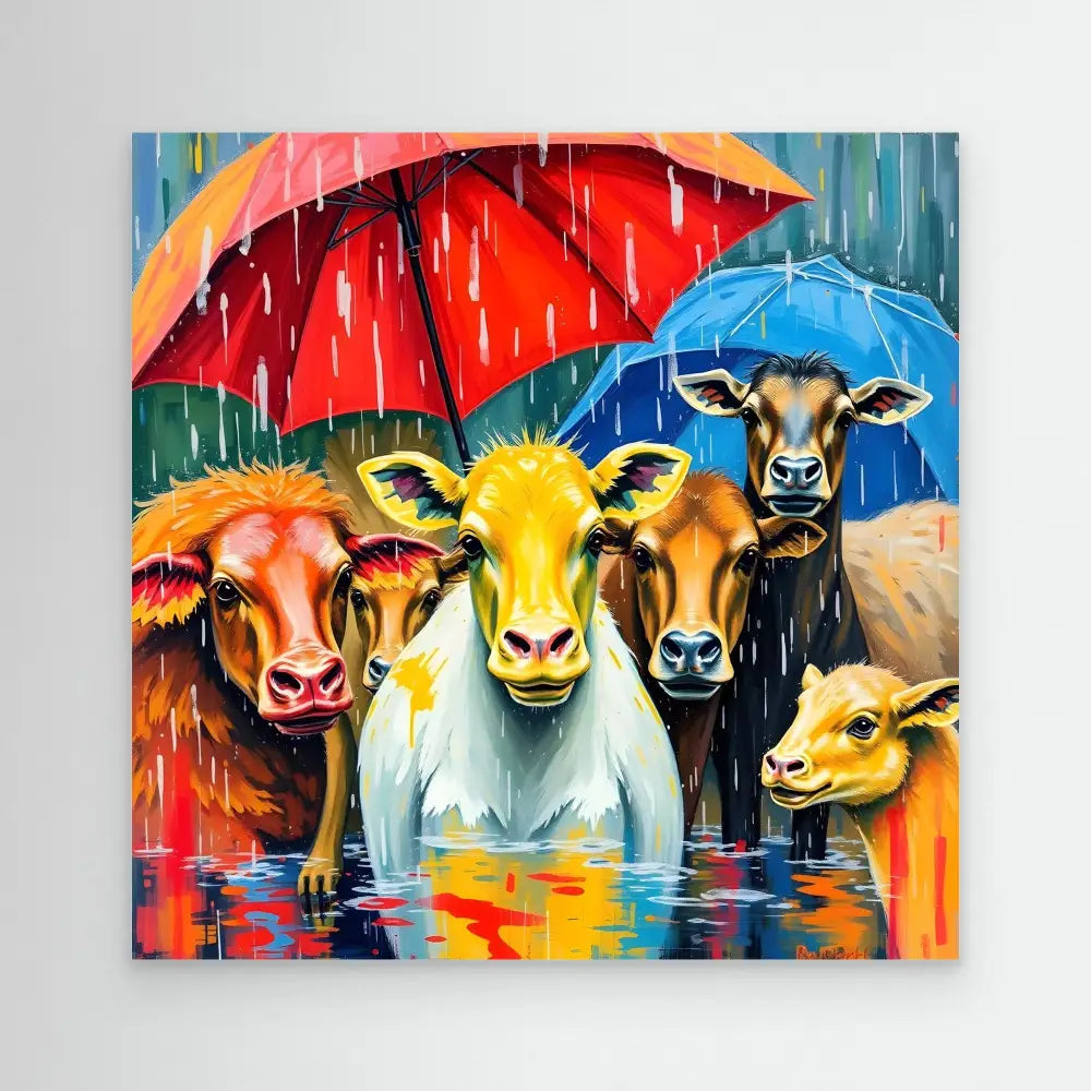 Colorful painting of five cows huddled under umbrellas in the rain.