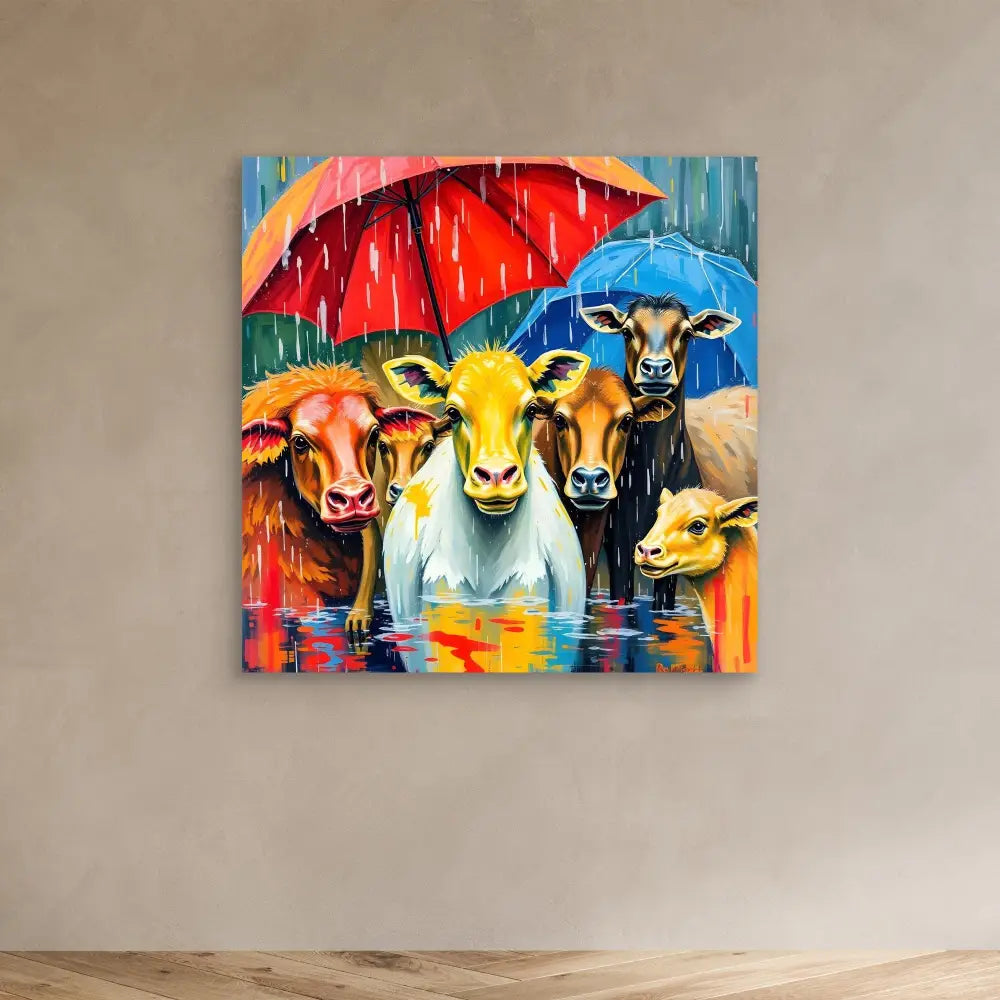 Colorful painting of five cows huddled under a red umbrella in the rain.