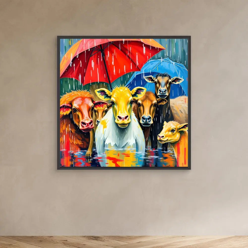 Colorful painting of five cows huddled under a red umbrella in the rain.