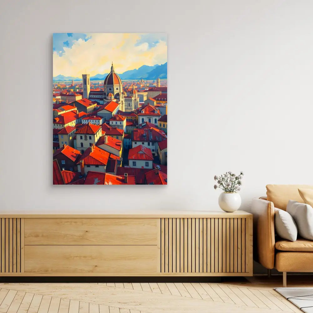 Colorful painting of Florence’s cityscape featuring the iconic Duomo cathedral with terracotta rooftops.