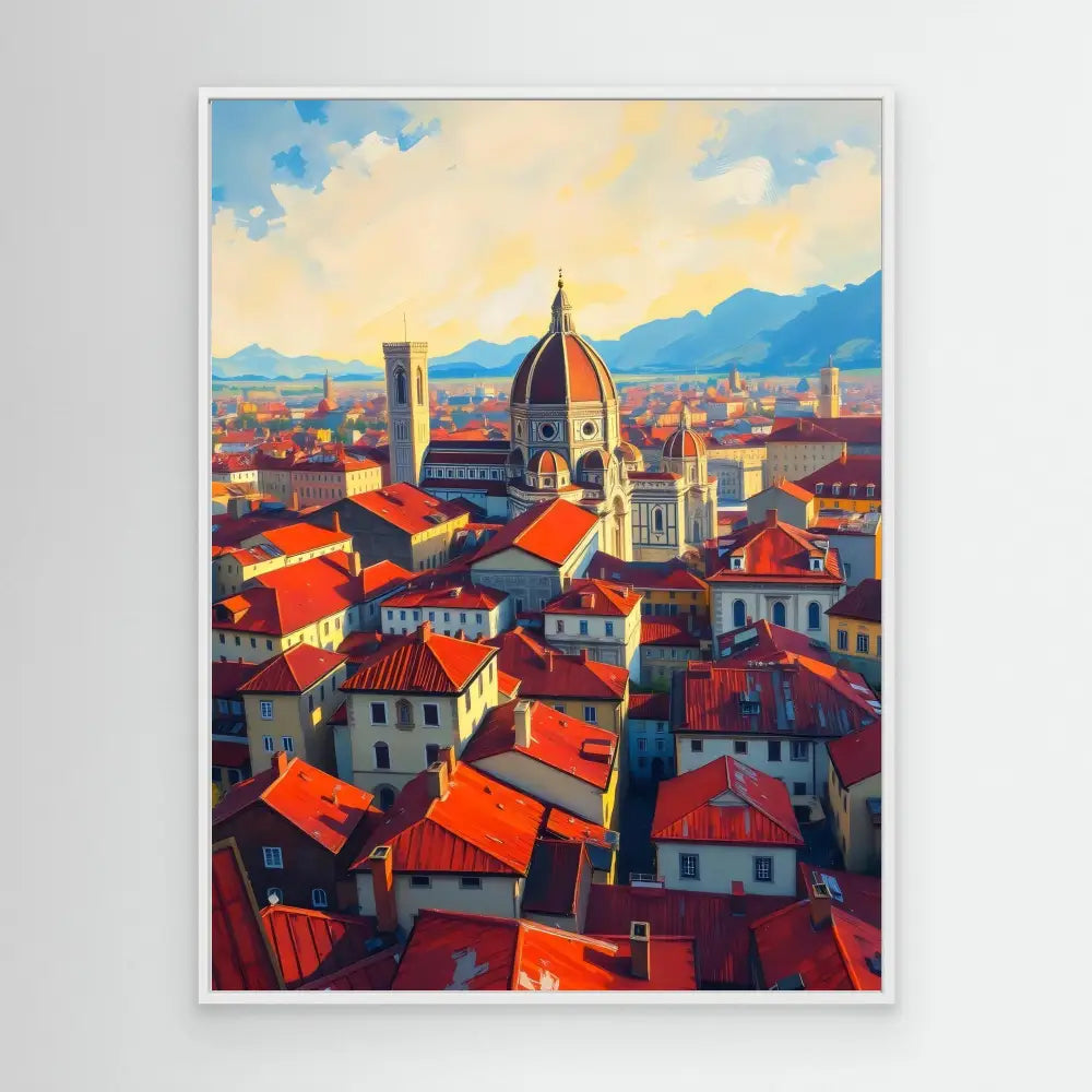 Colorful painting of Florence’s cityscape featuring the iconic Duomo cathedral with its terracotta-tiled rooftops.