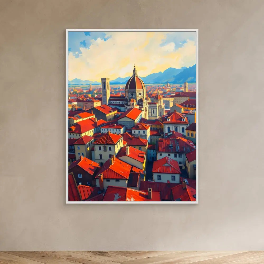 Colorful painting of Florence’s cityscape featuring the iconic Duomo cathedral and terracotta rooftops.