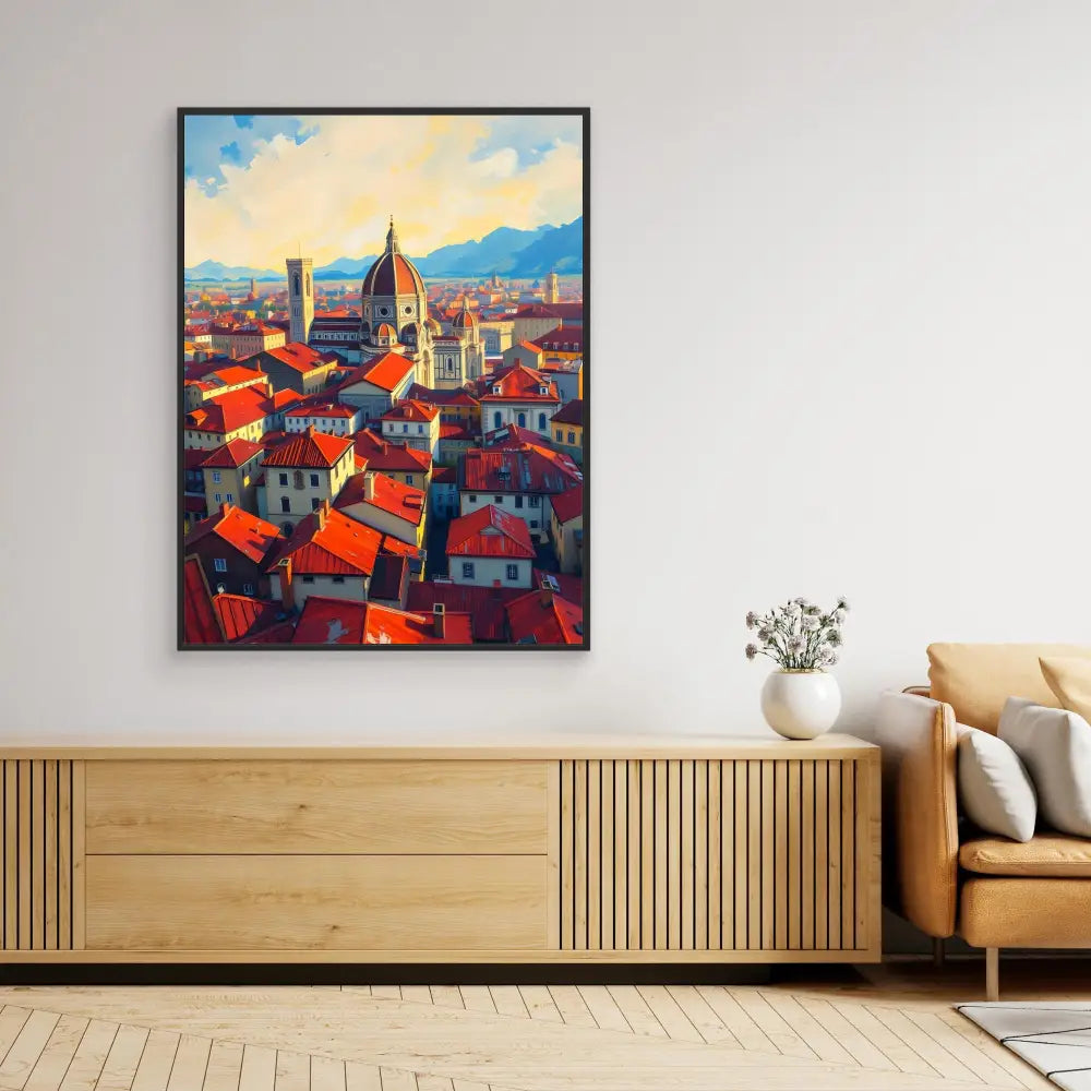 Colorful painting of Florence’s cityscape featuring the iconic Duomo cathedral and terracotta rooftops.