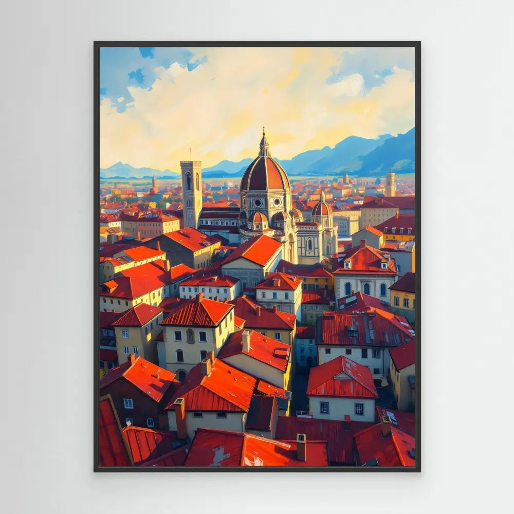 Colorful painting of Florence’s cityscape featuring the iconic Duomo cathedral with terracotta rooftops.