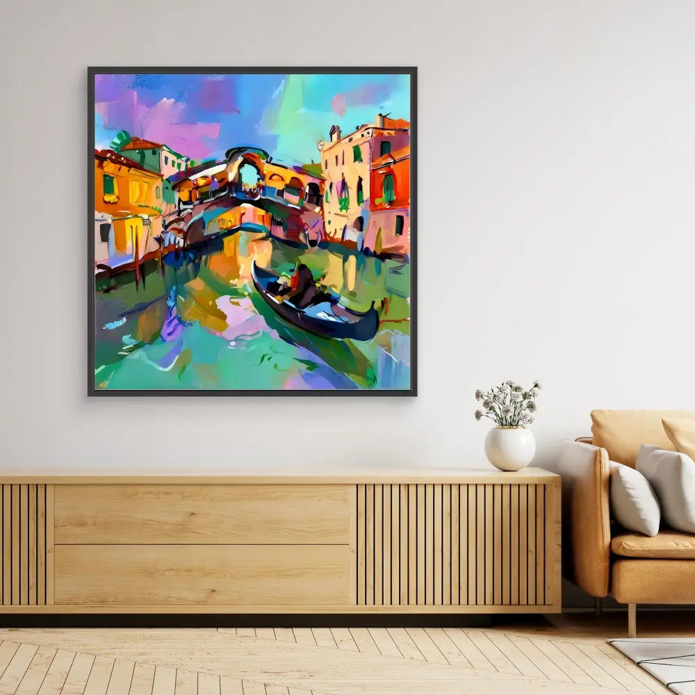 Colorful painting of a gondola beneath Venice’s Rialto Bridge.