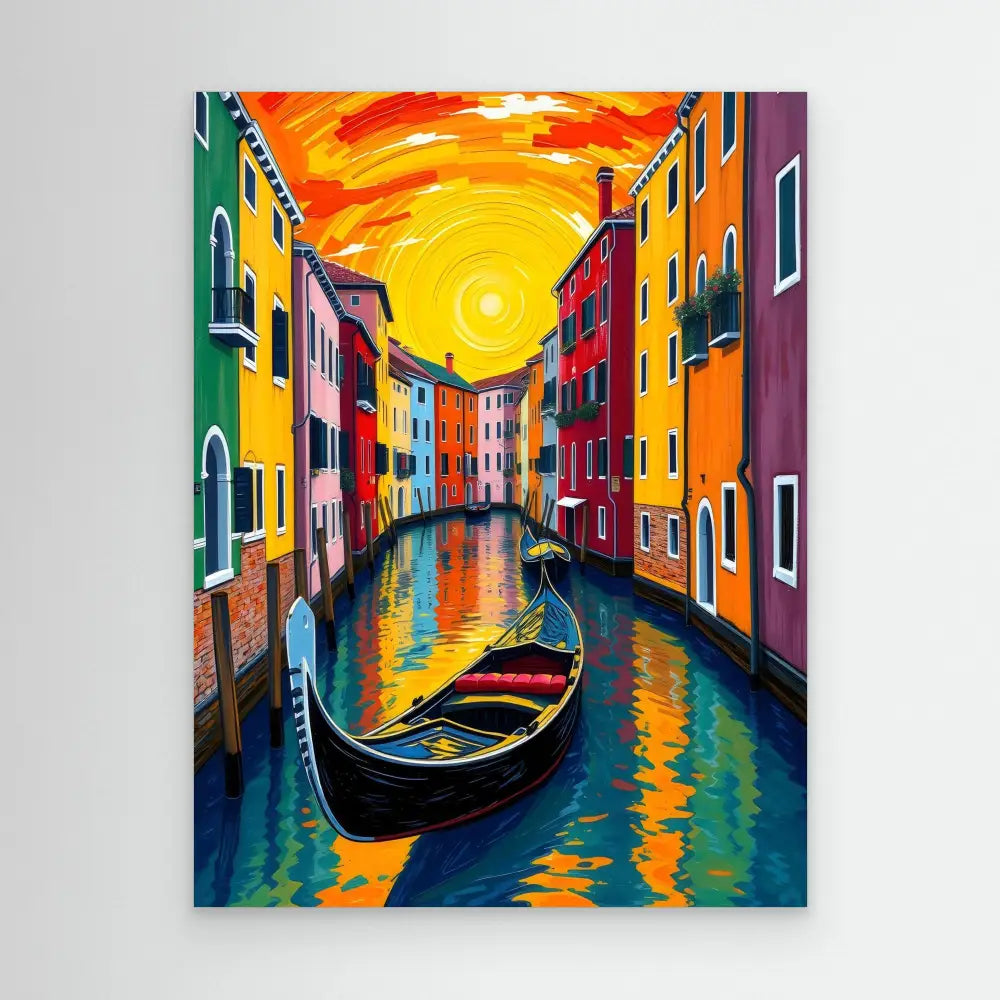 Colorful painting of a gondola on a Venetian canal at sunset.