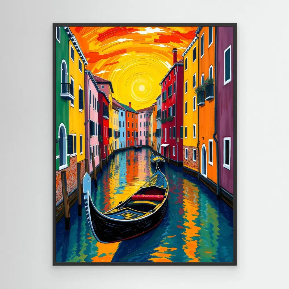 Colorful painting of a gondola on a Venice canal surrounded by vibrant buildings.