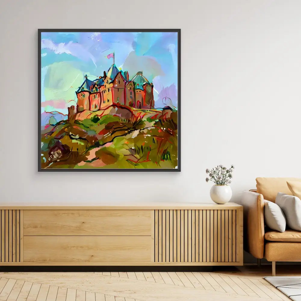 Colorful painting of a hilltop castle with turrets and spires against a whimsical sky.