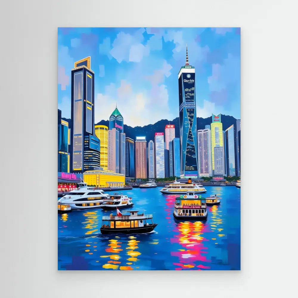 Colorful painting of Hong Kong’s harbor skyline with boats on the water.