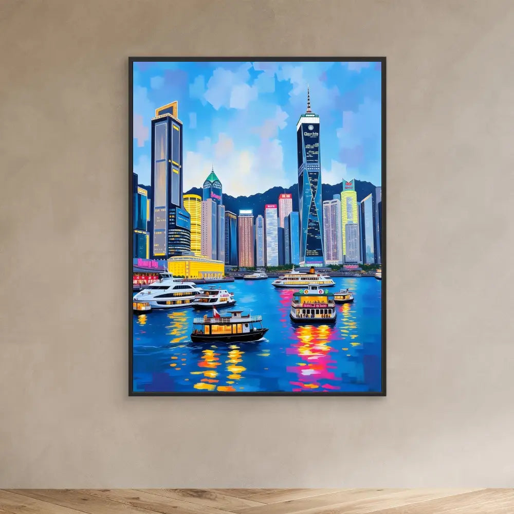 Colorful painting of Hong Kong’s harbor skyline with boats on the water.