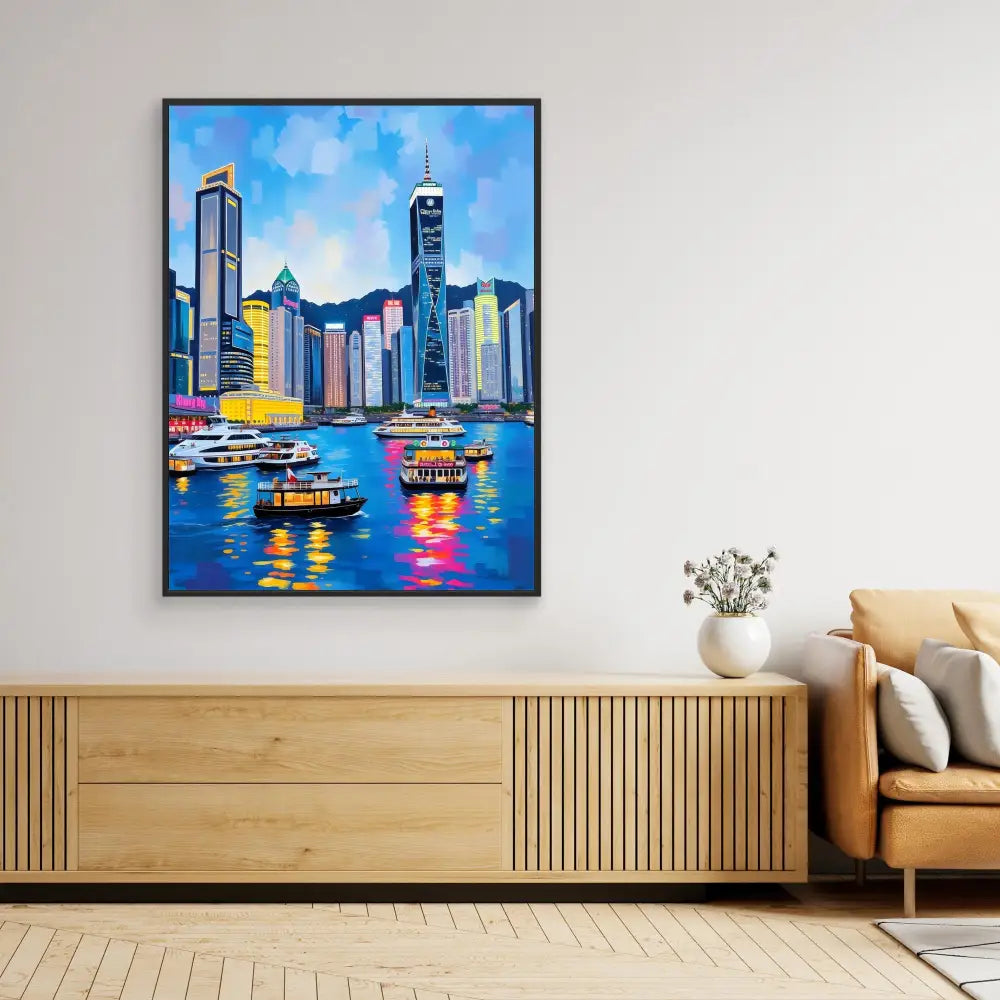 Colorful painting of Hong Kong’s harbor skyline with traditional boats on the water.