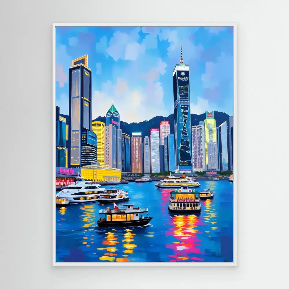 Colorful painting of Hong Kong’s harbor skyline with boats on the water.