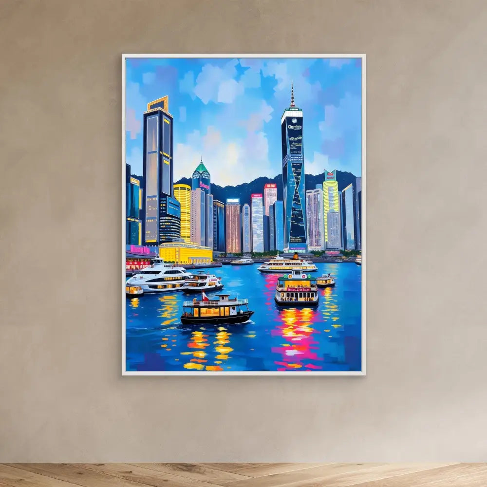 Colorful painting of Hong Kong’s harbor skyline with boats on the water.