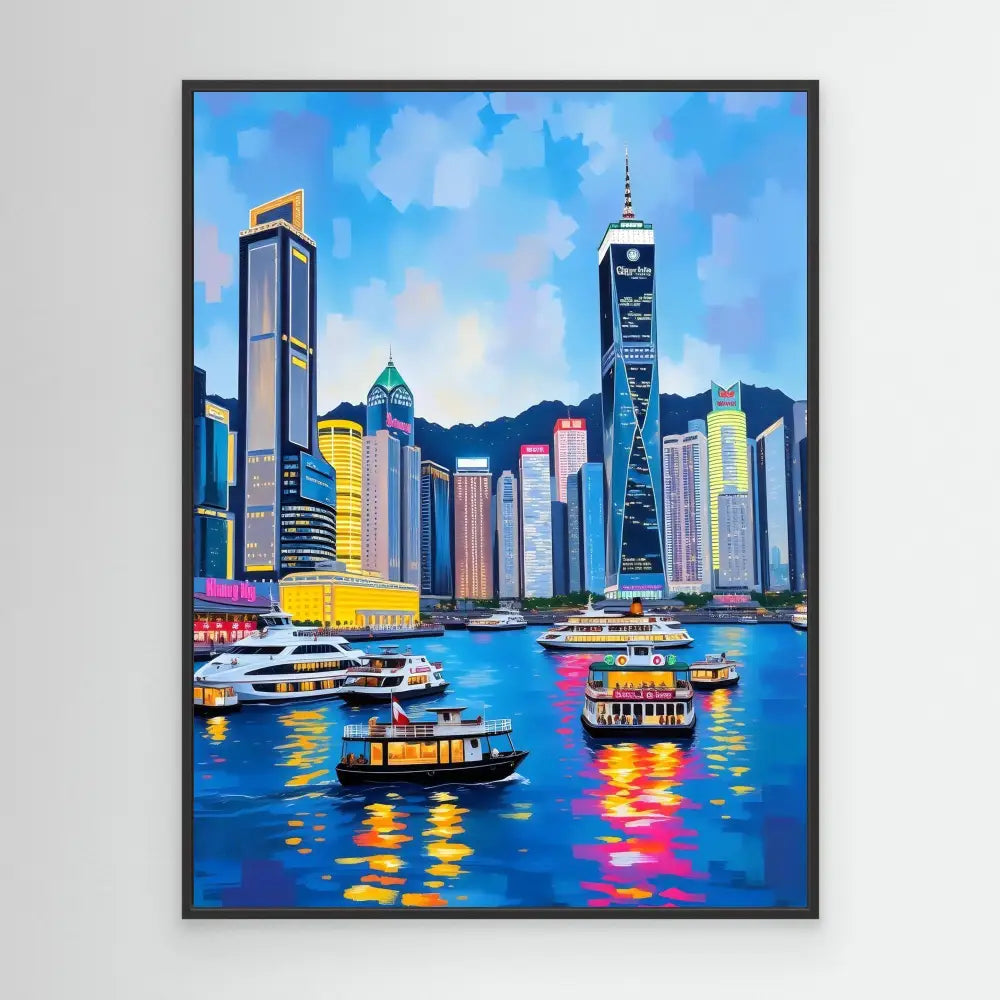 Colorful painting of Hong Kong’s harbor skyline with boats on the water.