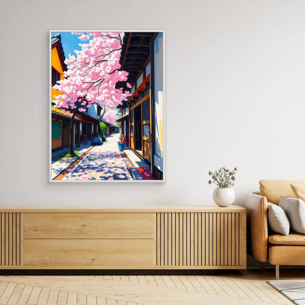 Colorful painting of a Japanese street with blooming cherry blossoms overhead.