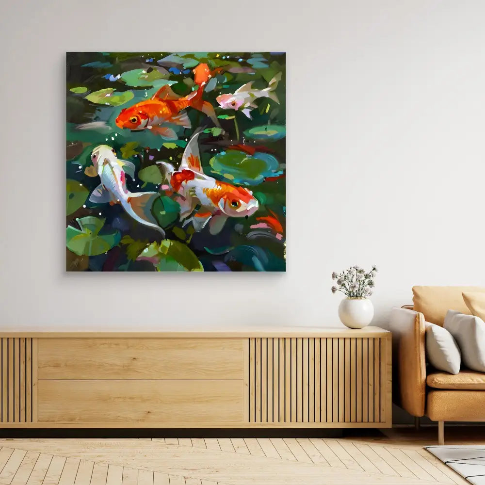 A colorful painting of koi fish swimming among lily pads.