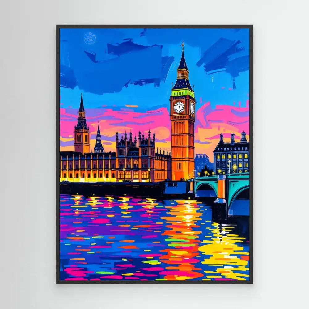 Colorful painting of London’s Big Ben and Parliament at sunset with vibrant reflections in the Thames River.