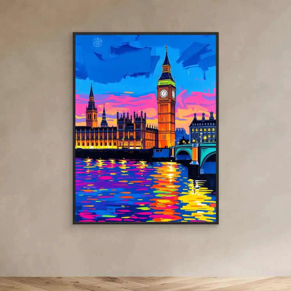 Colorful painting of London’s Big Ben and Westminster at sunset with vibrant reflections in the Thames River.