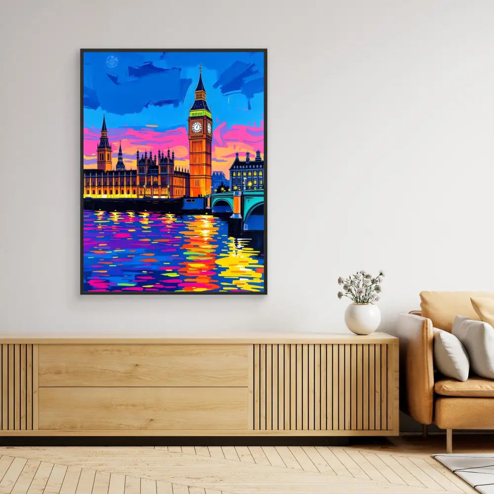 Colorful painting of London’s Big Ben and Parliament at sunset with vibrant reflections in the Thames River.