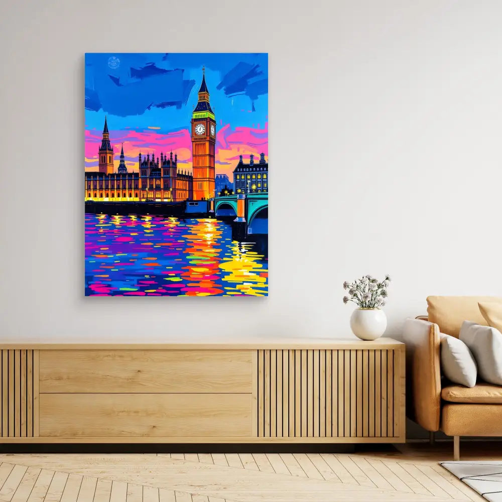 Colorful painting of London’s Big Ben and Parliament at sunset with vibrant reflections in the Thames River.