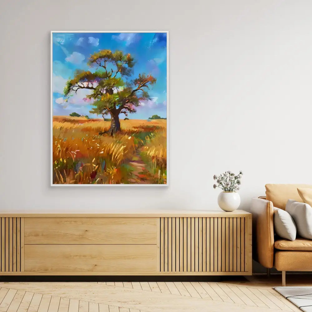 A colorful painting of a lone tree in a golden savanna field.