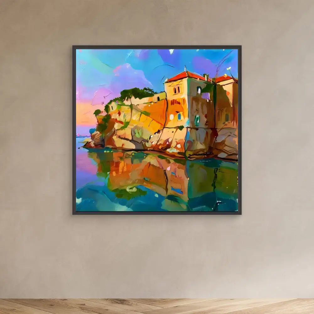 Colorful painting of Mediterranean coastal buildings reflecting in calm waters.