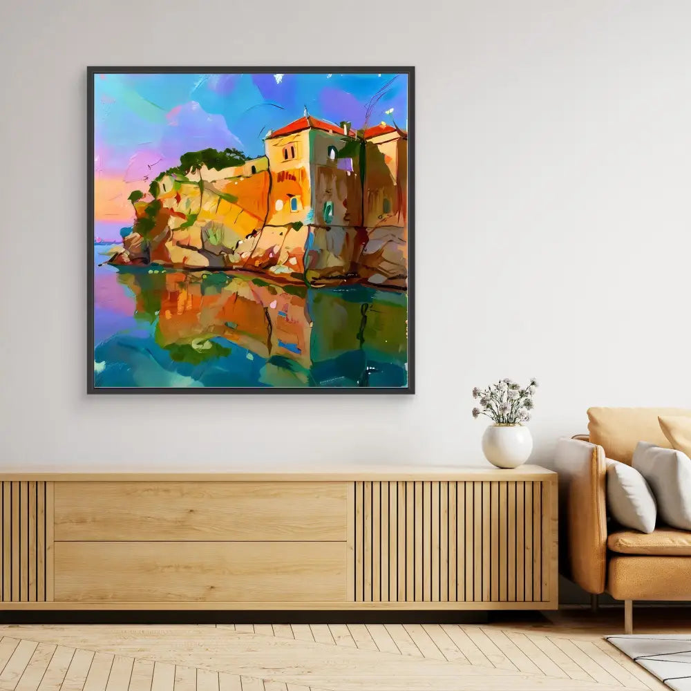 Colorful painting of Mediterranean coastal buildings reflecting in calm waters.