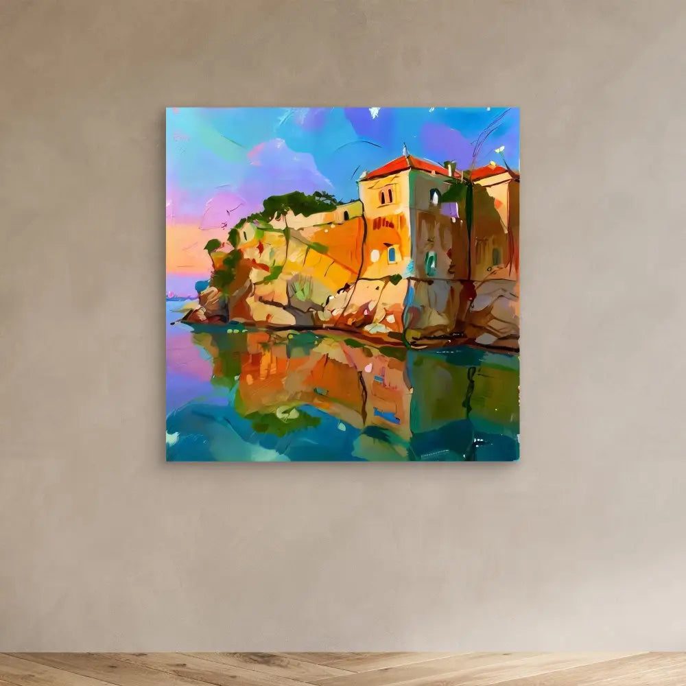 Colorful painting of Mediterranean coastal buildings reflecting in calm waters.