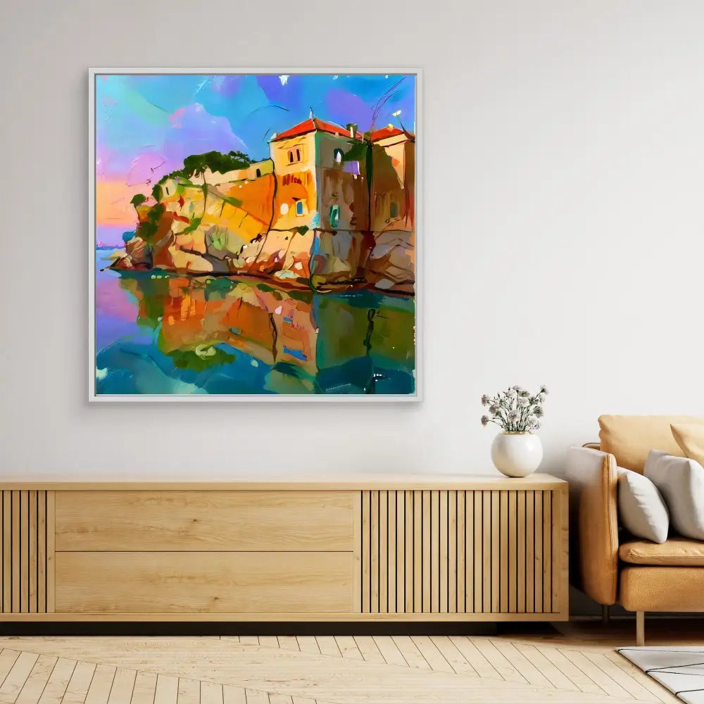 Colorful painting of Mediterranean coastal buildings reflecting in calm waters.