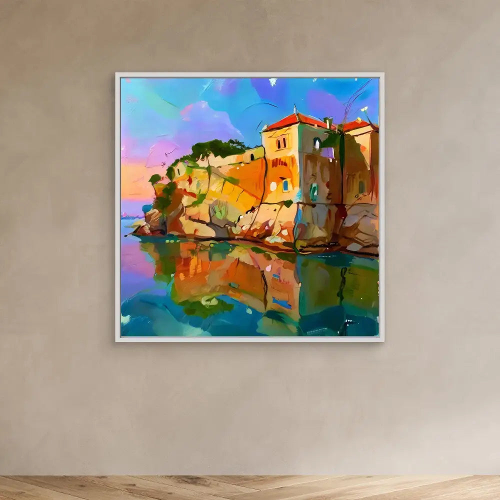 Colorful painting of Mediterranean coastal buildings reflecting in calm waters.