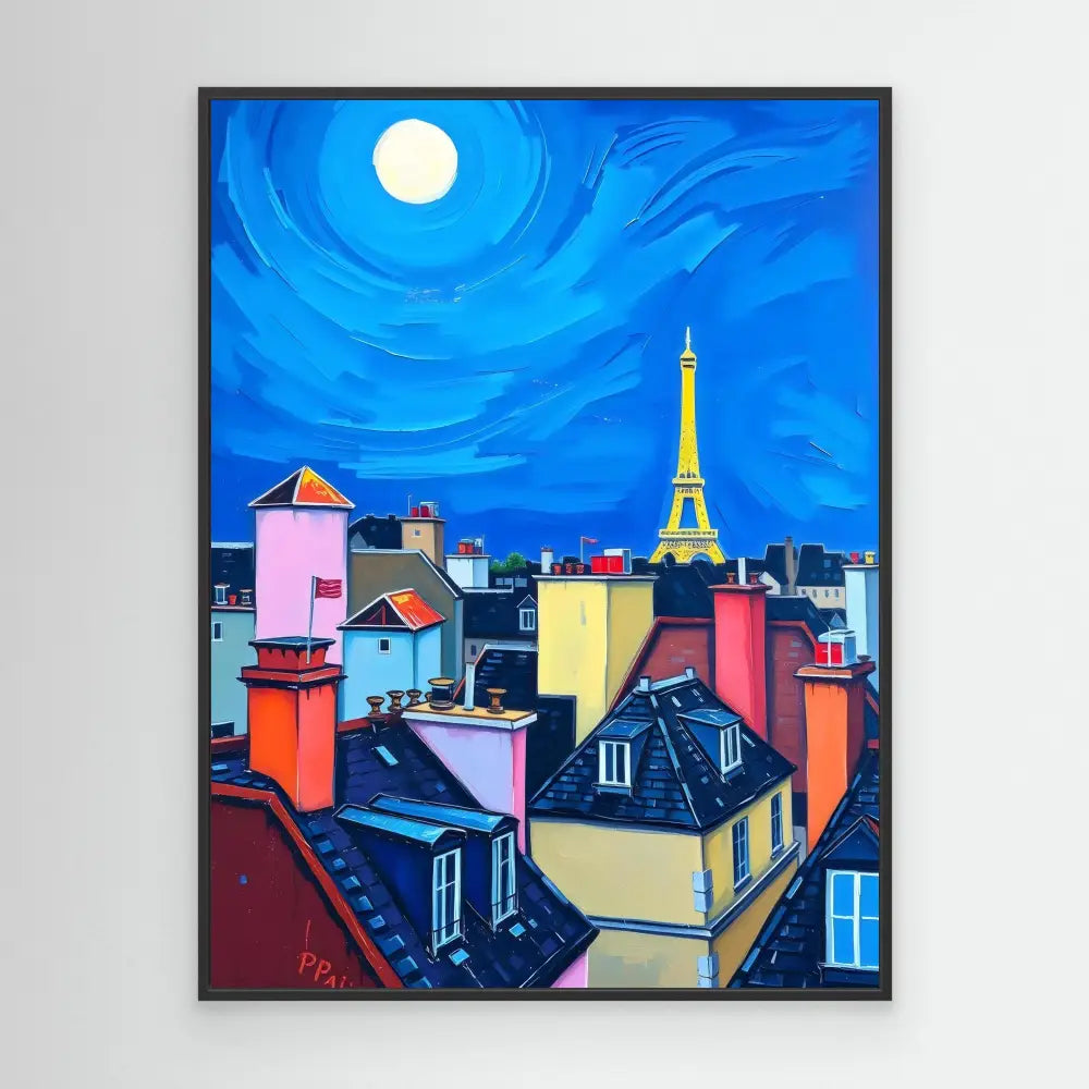 Colorful painting of Paris rooftops at night with the Eiffel Tower in the distance under a full moon.