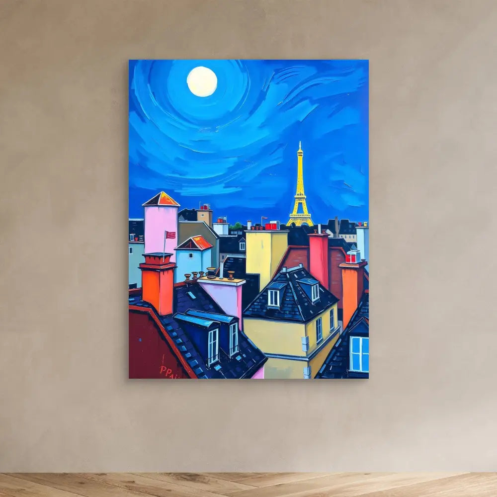 Colorful painting of Paris rooftops at night with the Eiffel Tower in the distance under a full moon.