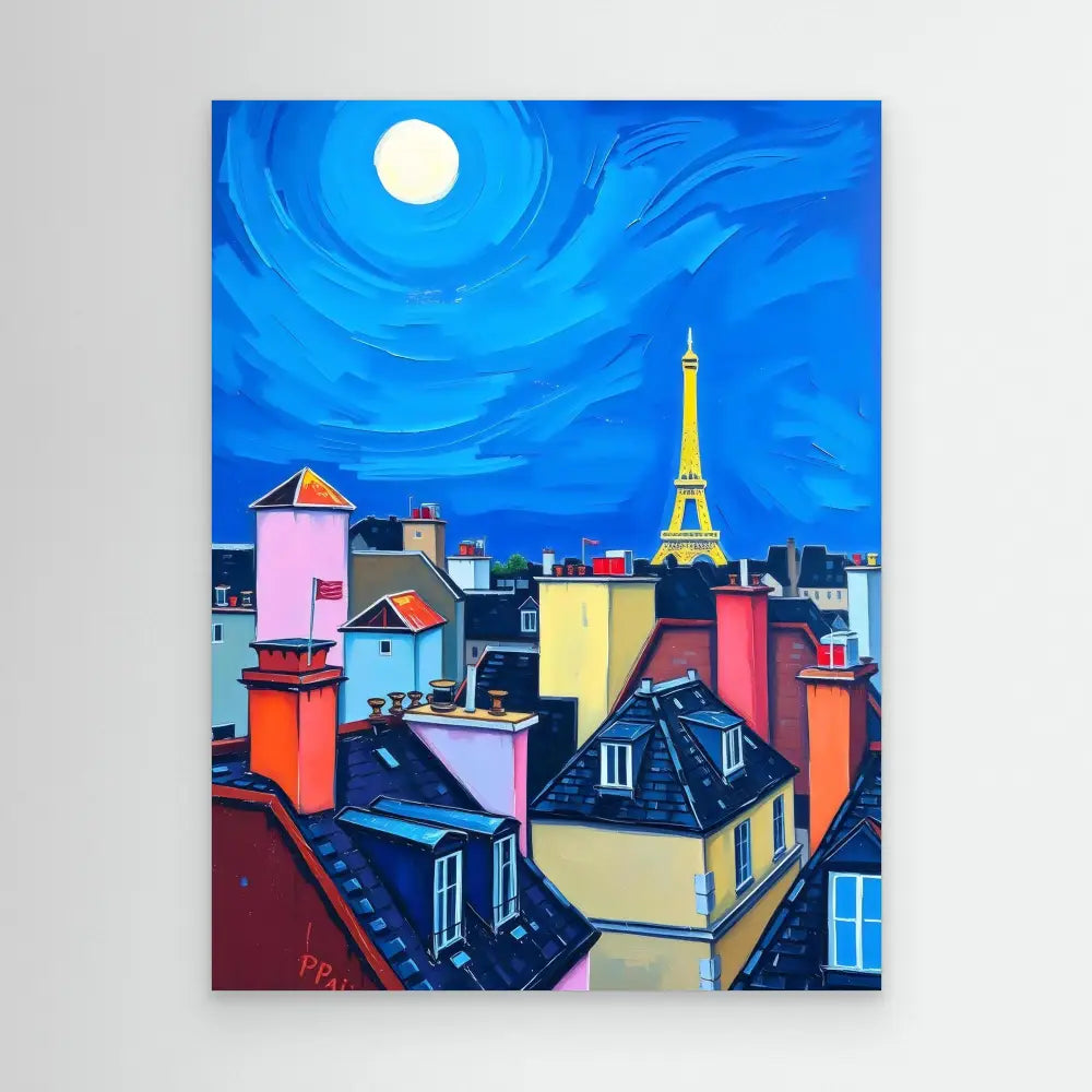 Colorful painting of Parisian rooftops at night with the Eiffel Tower in the distance.