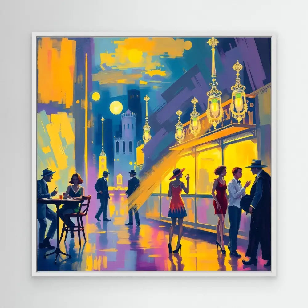 Colorful painting of people enjoying an evening at a city sidewalk café.