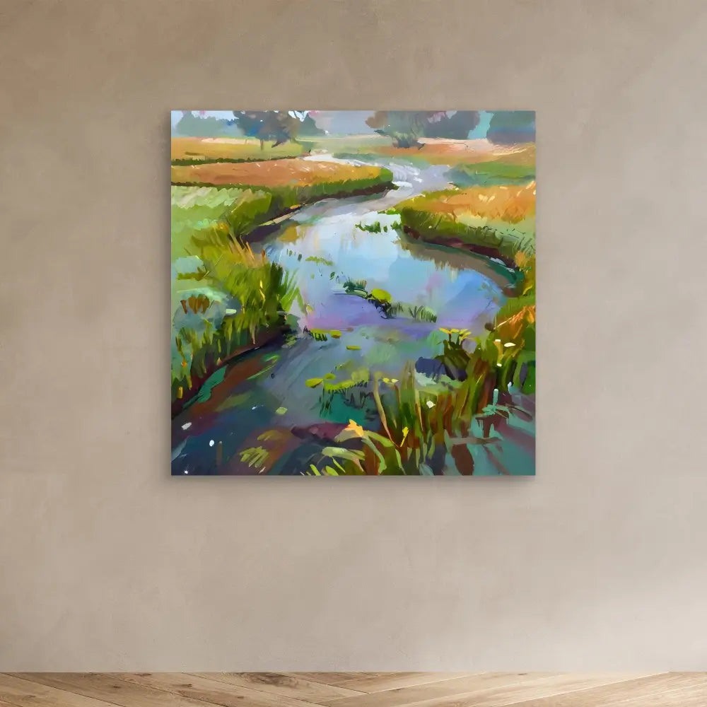 A colorful painting of a winding river through marshland.