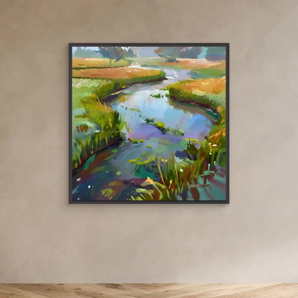 Colorful painting of a winding river through marshland with green and golden grasses.