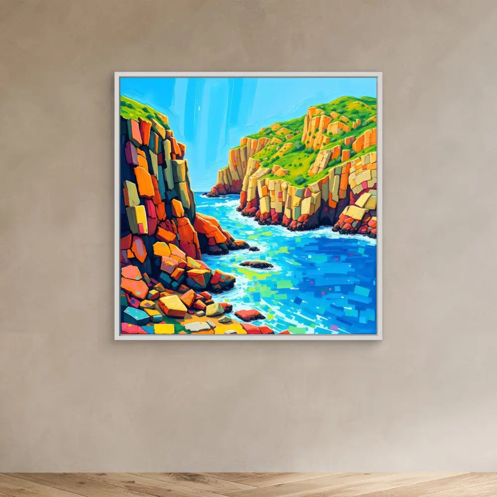 Colorful painting of rocky coastal cliffs with blue water flowing between them.