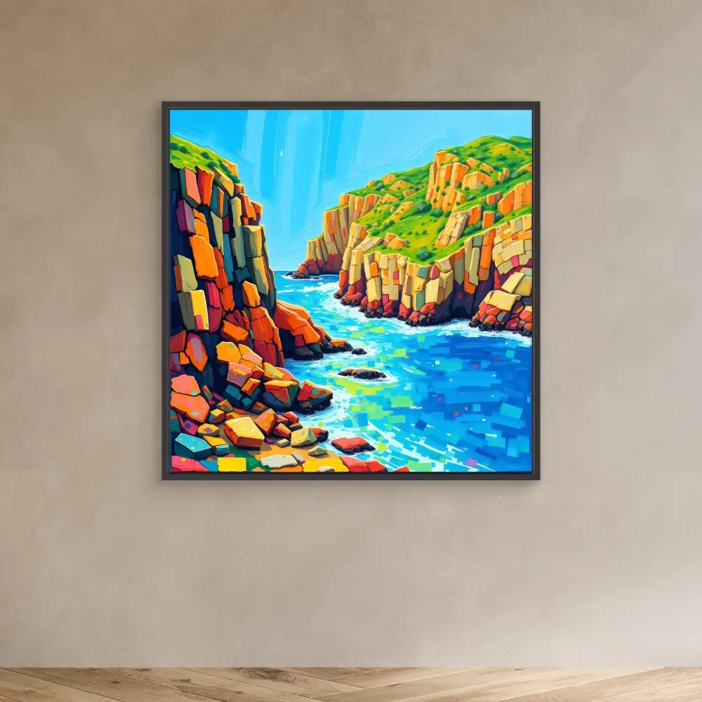 Colorful painting of rocky coastal cliffs with blue water flowing between them.