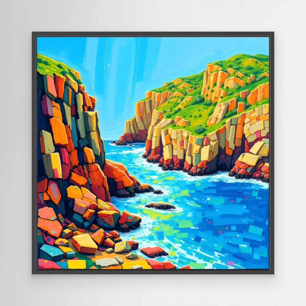 Colorful painting of a rocky coastal cove with turquoise waters and orange cliffs.