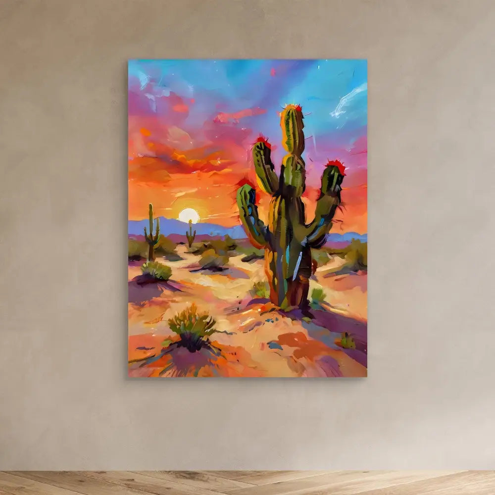 Colorful painting of a saguaro cactus in vibrant oranges, blues and purples.