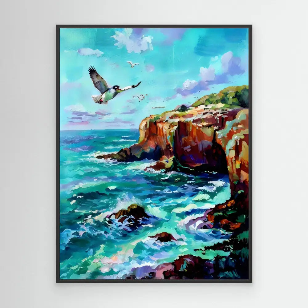 Colorful painting of a seabird flying over rugged coastal cliffs and turquoise waters.