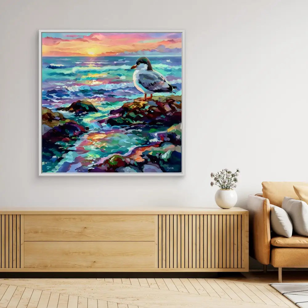 A colorful painting of a seagull standing on coastal rocks at sunset.