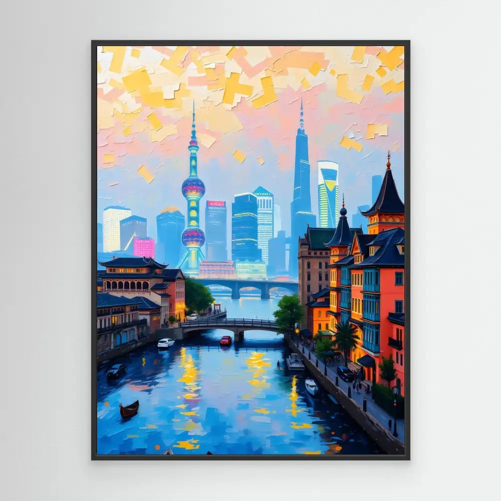 Colorful painting of Shanghai’s cityscape with historic buildings along a canal at dusk.