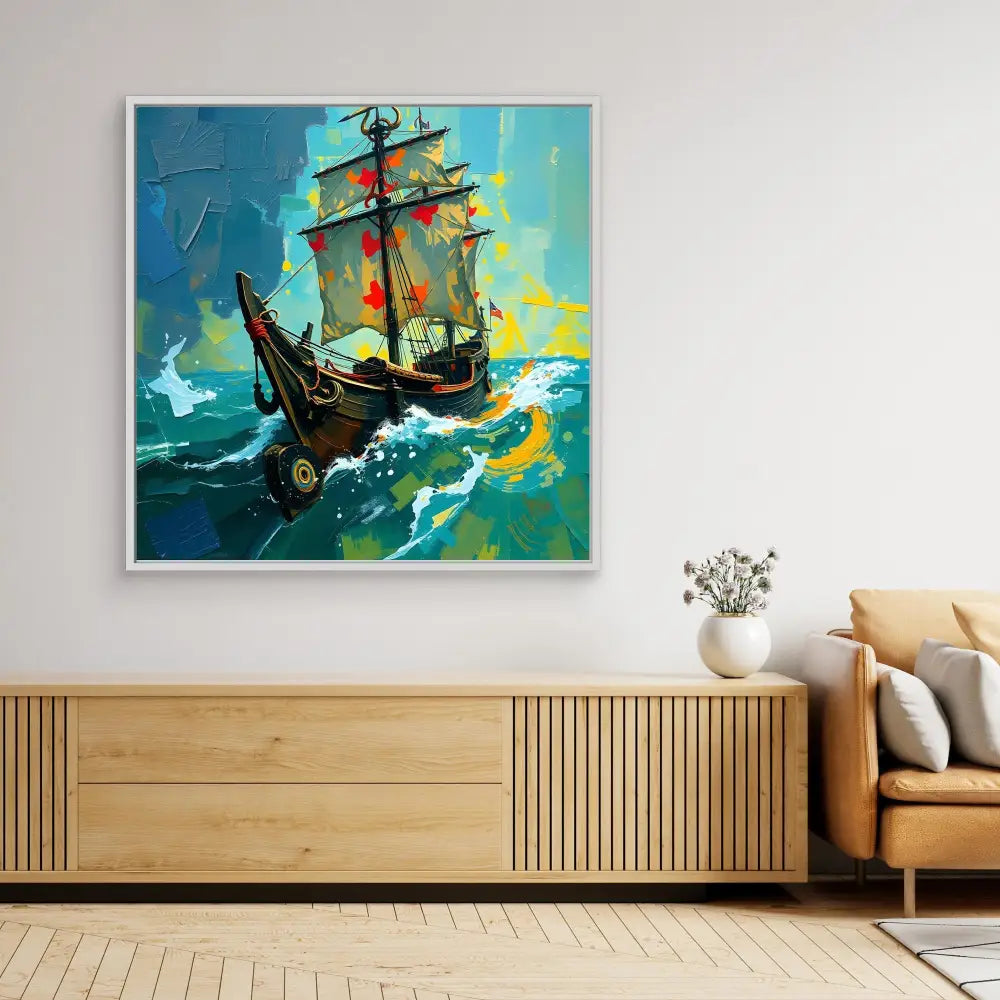 Colorful painting of a sailing ship navigating stormy seas.